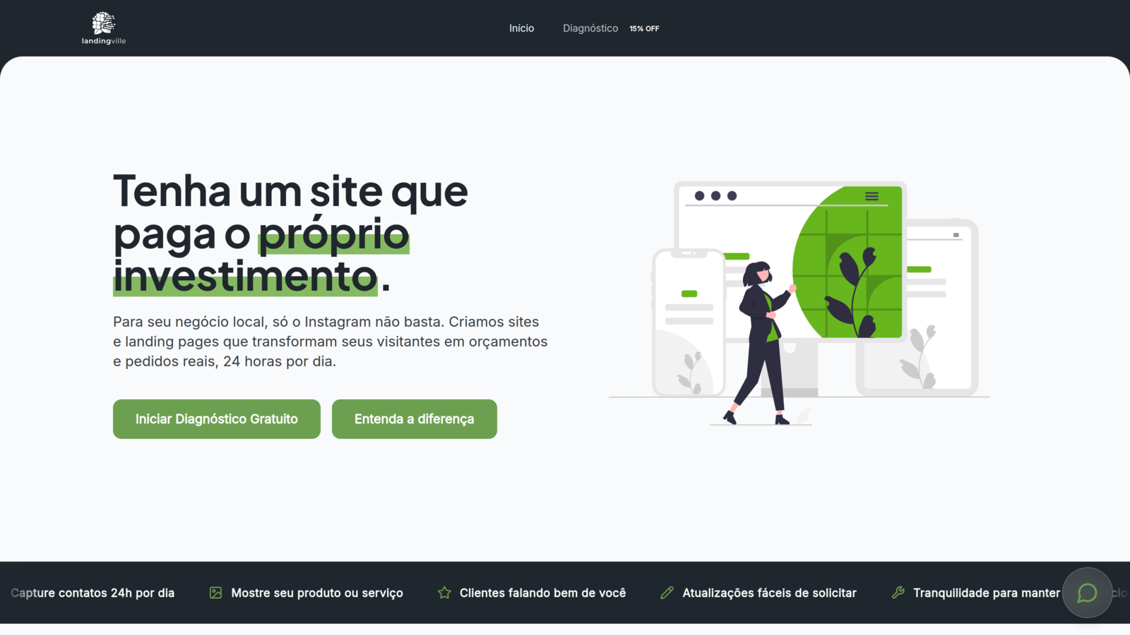 Captura da landing page Landingville criada como projeto próprio de captação